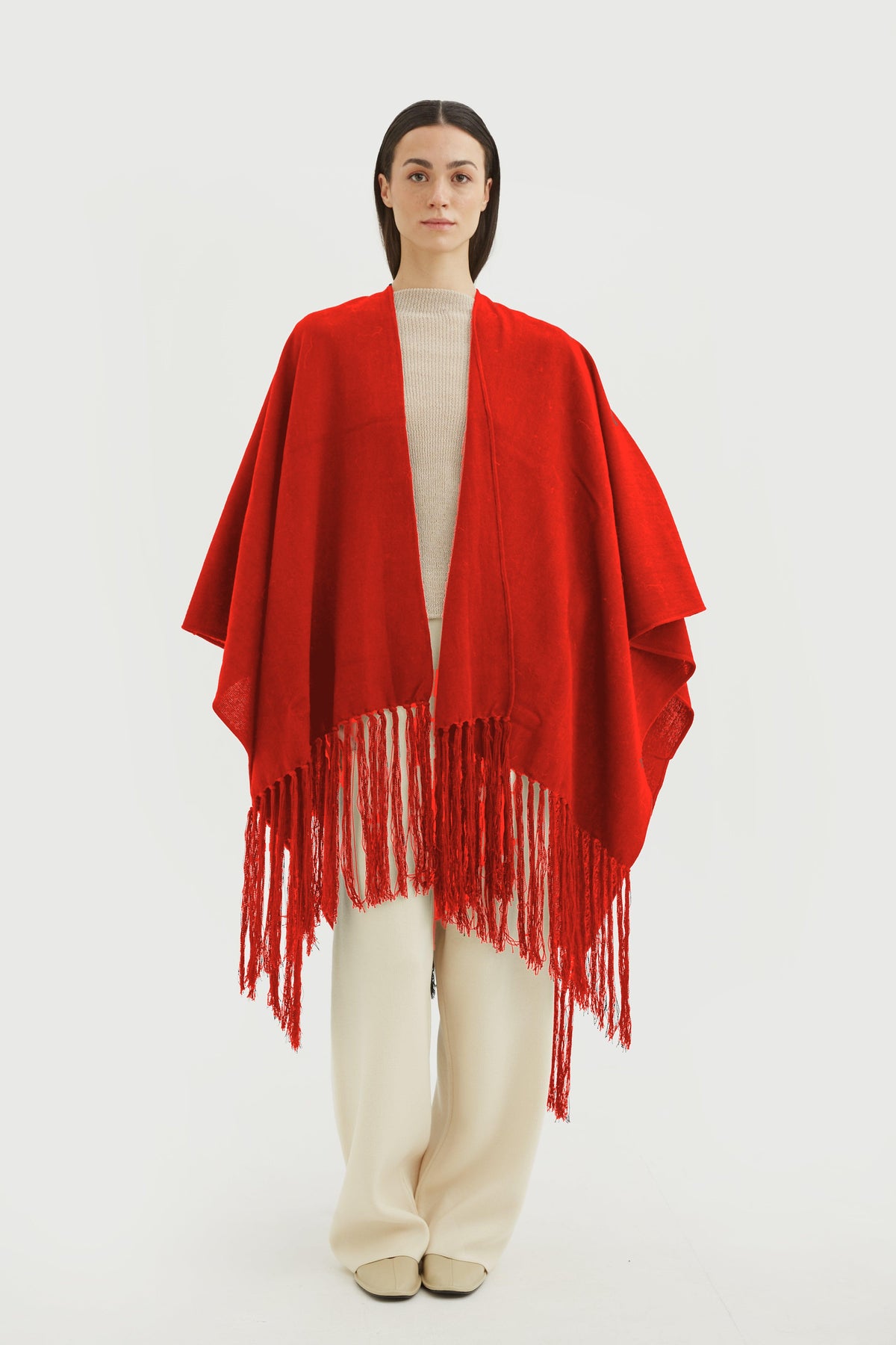 Poncho Olivo de algodón rojo con flecos